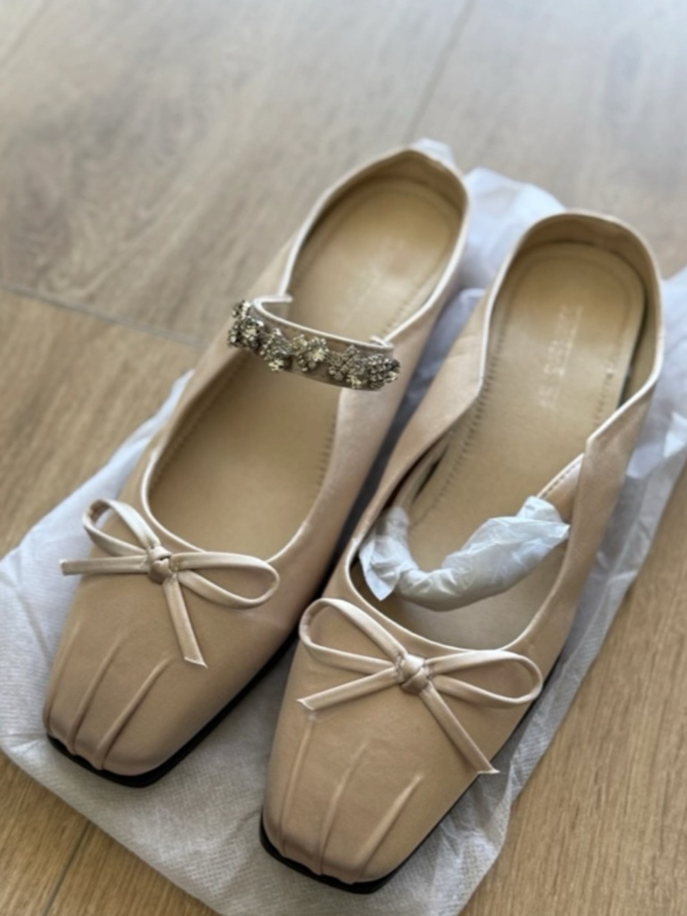 Women's Beige Ballet Flats with Bow and Embellished Strap